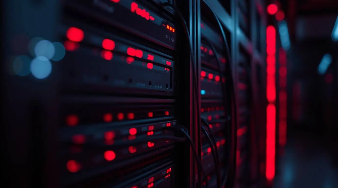 Close-up of a dark server rack lit by red status lights and tangled cables.