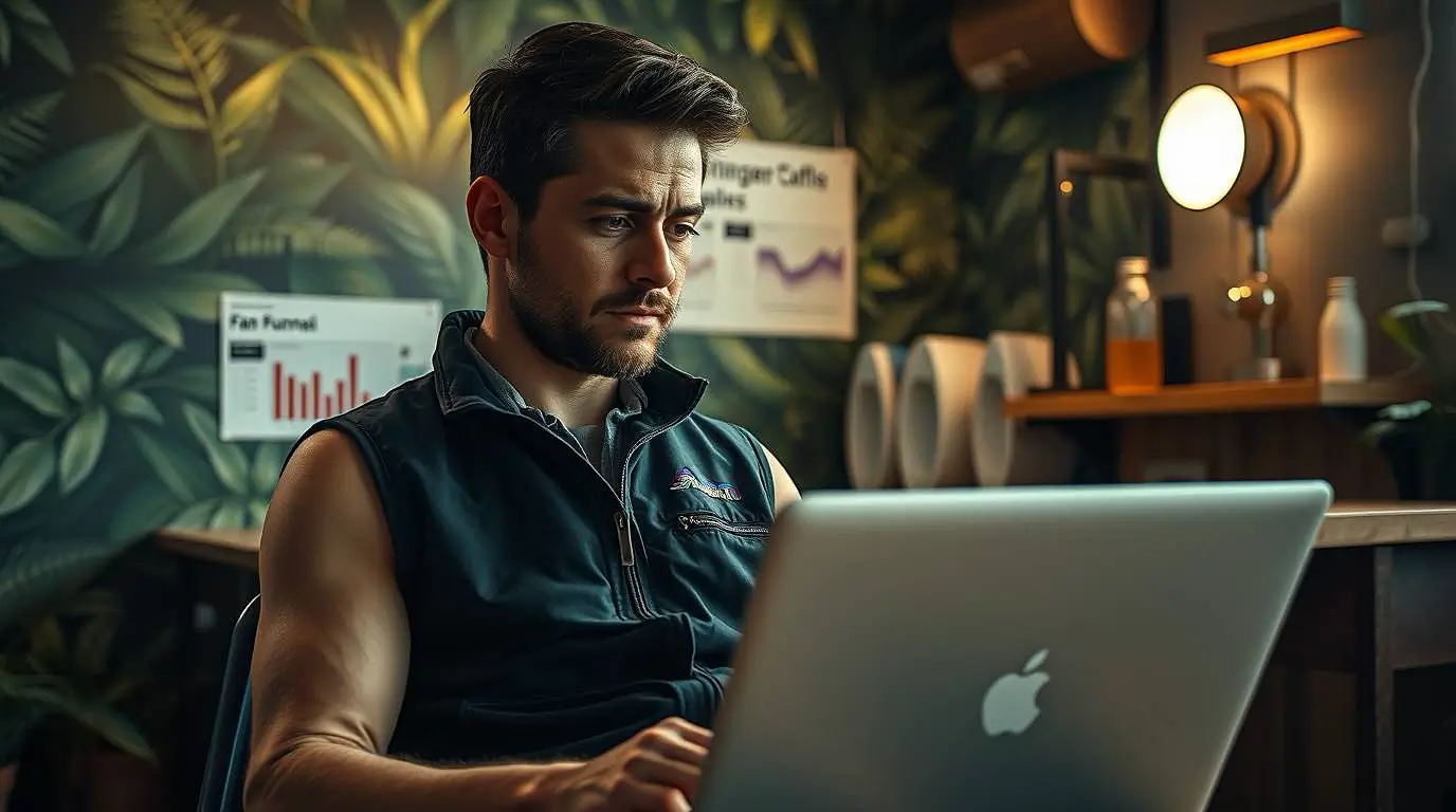 A man in a puffer vest and backward cap sits at a small table at night, focused on a laptop screen filled with charts and dashboards, coffee cup beside him.