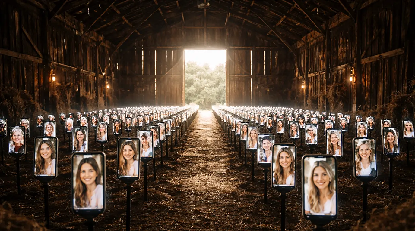 Wooden barn interior with rows of phones on stands, each displaying a smiling woman's face, stretching toward an open door.