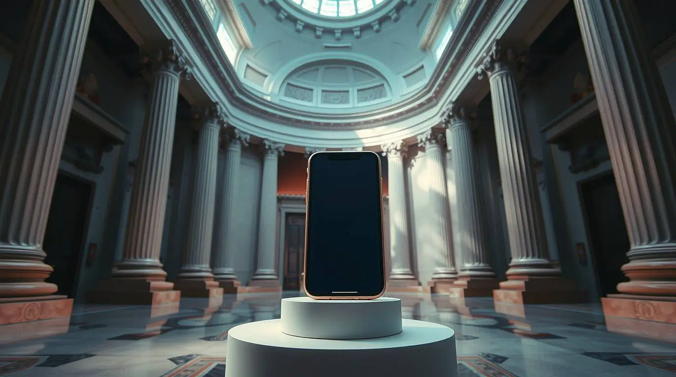 A smartphone displayed on a marble pedestal inside a neoclassical rotunda with columns and a glass dome.