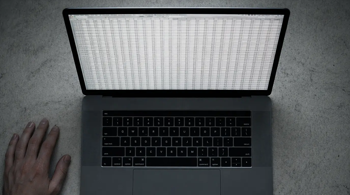 Overhead view of an open laptop on a concrete surface, screen filled with a dense spreadsheet of numbers, a single human hand resting beside the keyboard.