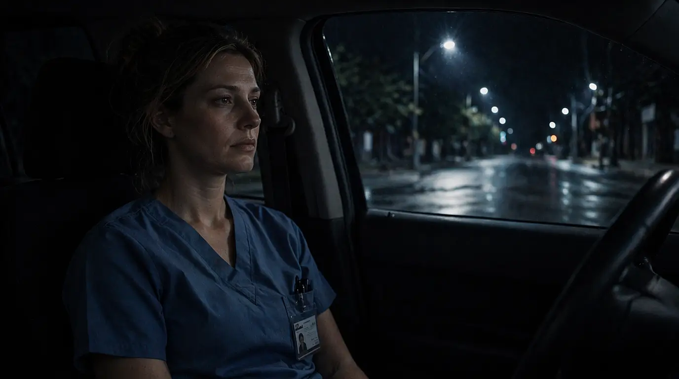 A woman in medical scrubs with a hospital ID badge sits in a car at night, staring out the window at an empty wet street.