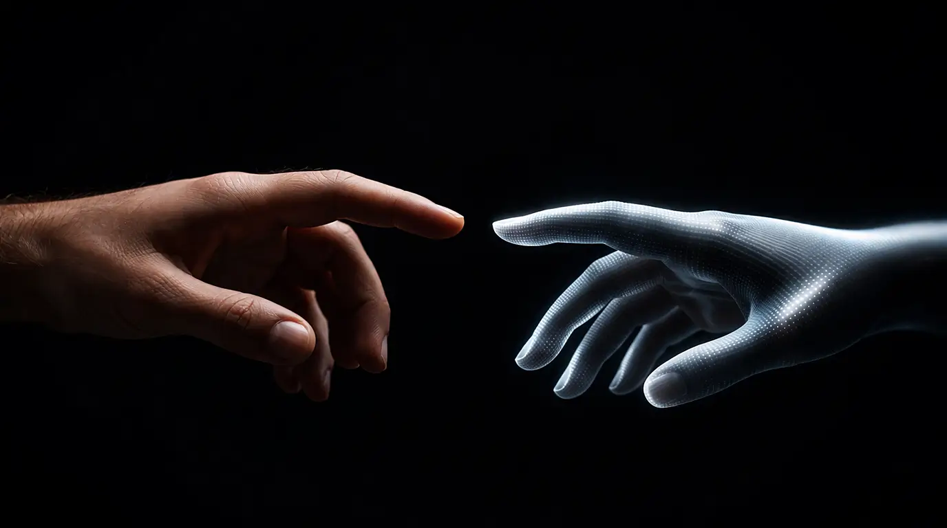 A human hand reaches toward a digital hand made of glowing pixels across a black void, not quite touching.