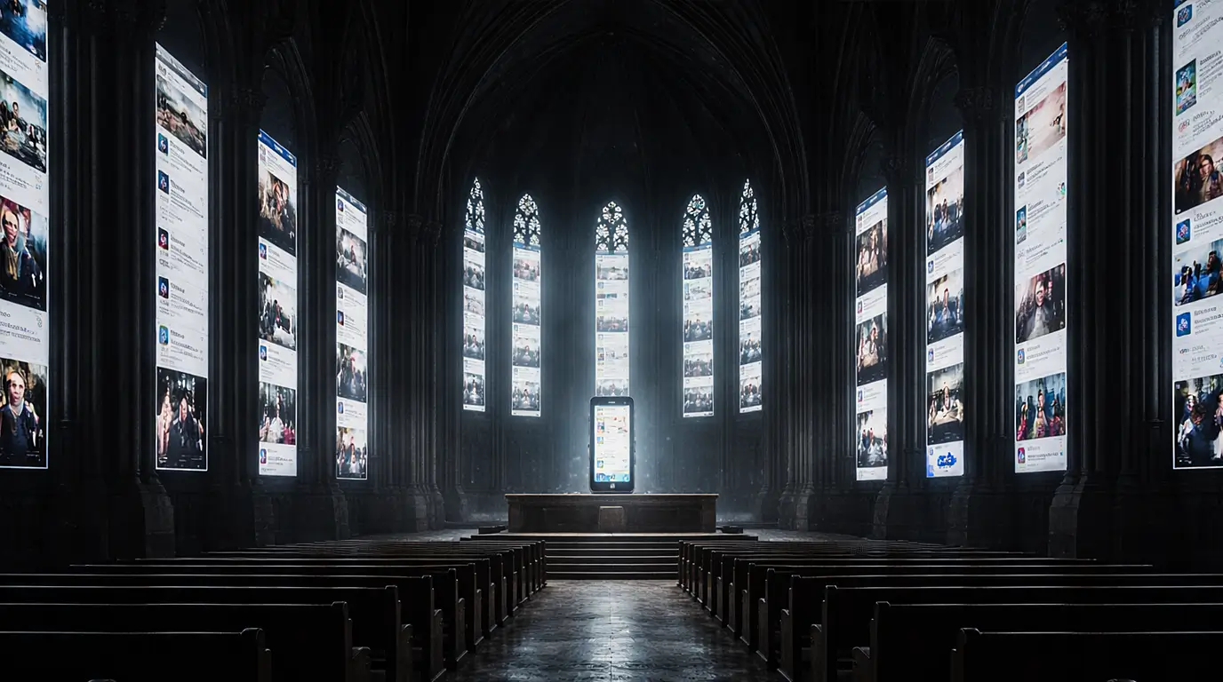 Empty gothic cathedral interior with social media feeds glowing in place of stained glass windows, a smartphone on the altar.