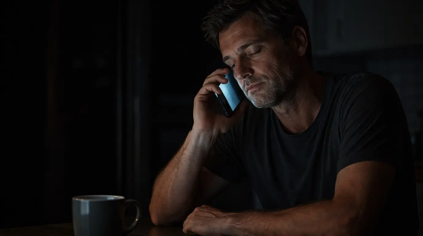 A middle aged man sits alone at a dark kitchen table at night, phone pressed to his ear, eyes closed, untouched mug beside him.