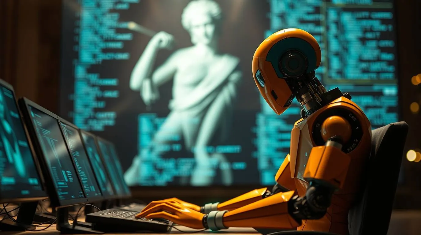 A humanoid robot working at computer monitors while a classical statue appears in the background, symbolizing automation replacing human effort and virtue.