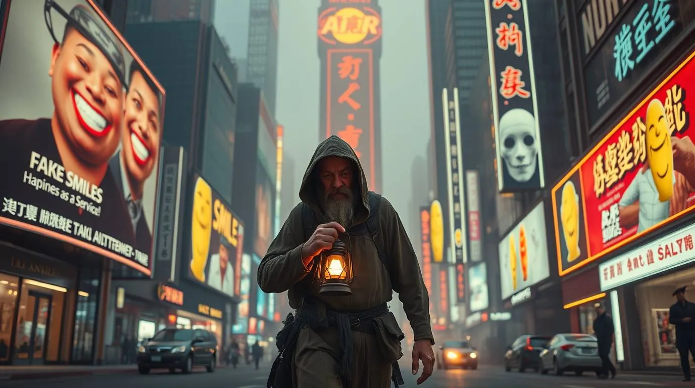 A hooded man holding a lantern walks down a city street filled with large neon billboards displaying faces, symbols and advertisements.