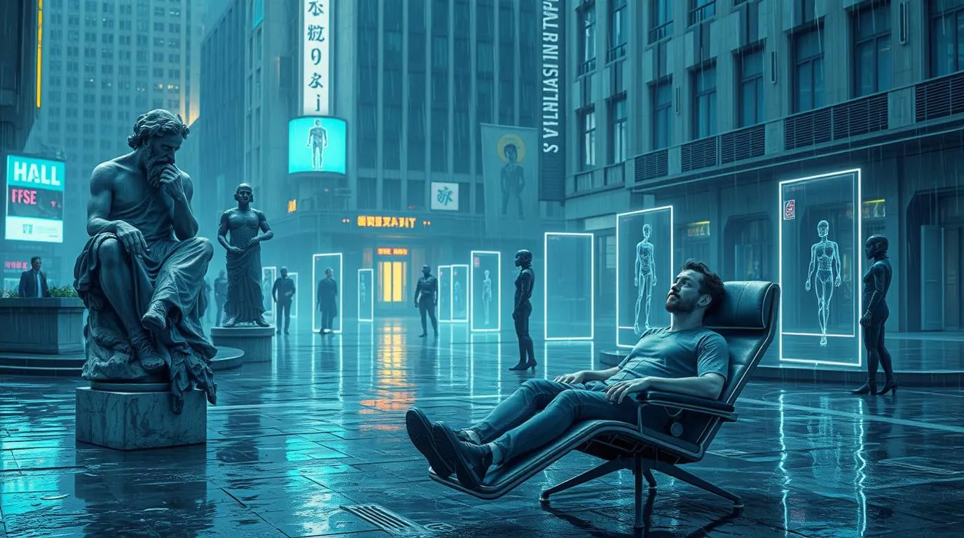 A man reclining in a chair in a futuristic city square while classical statues and glowing digital human displays surround him, suggesting human passivity amid advanced technology.