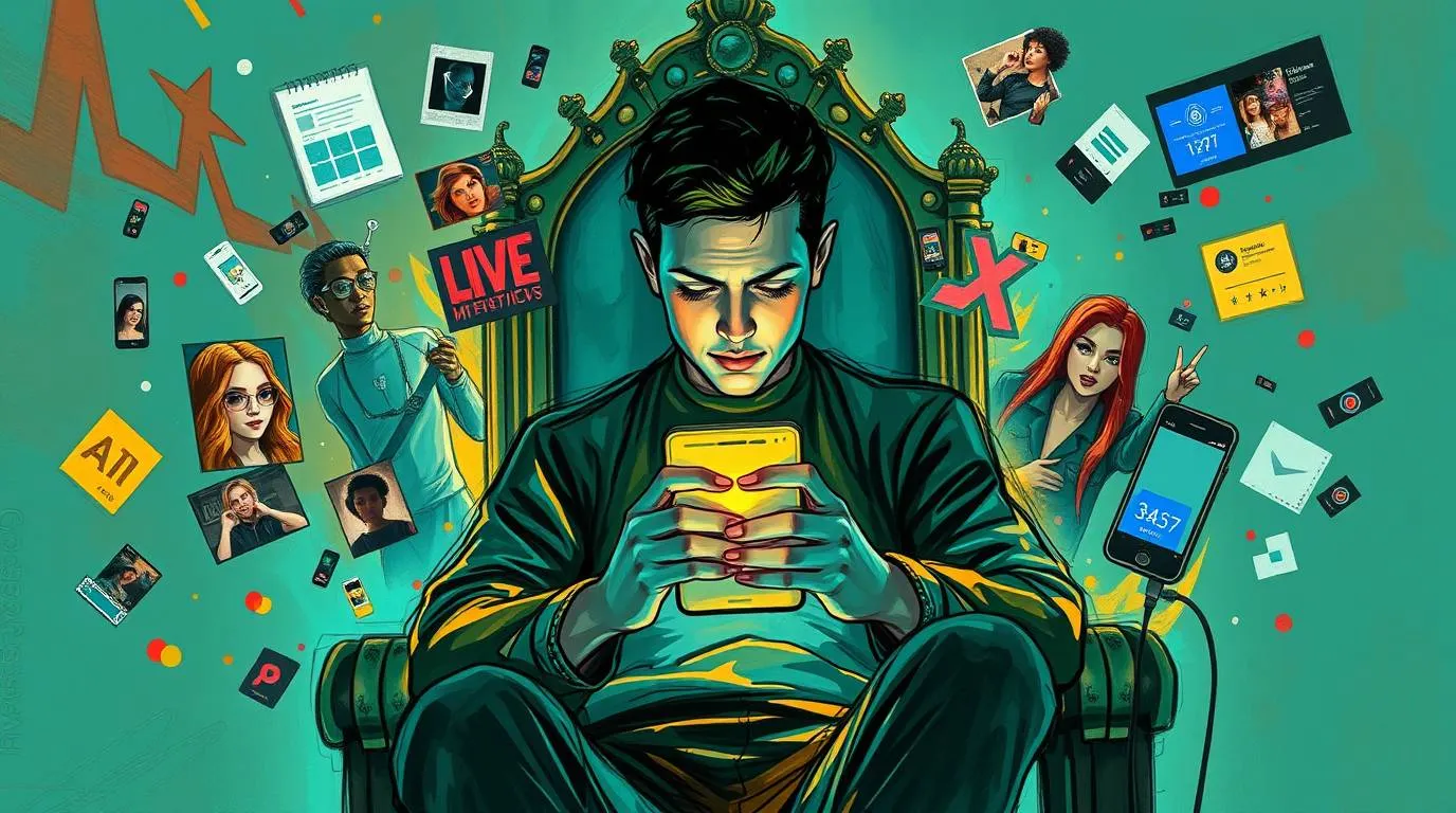 Illustration of a man sitting in an ornate chair, looking down at a smartphone, surrounded by floating images of social media profiles, metrics and digital content.