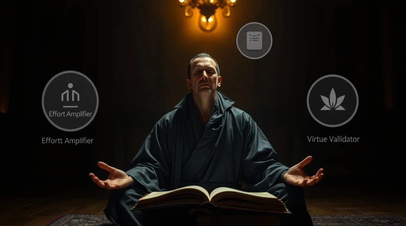 A man in a dark robe sits cross-legged with an open book, hands extended, in a dimly lit room with abstract circular icons floating around him.