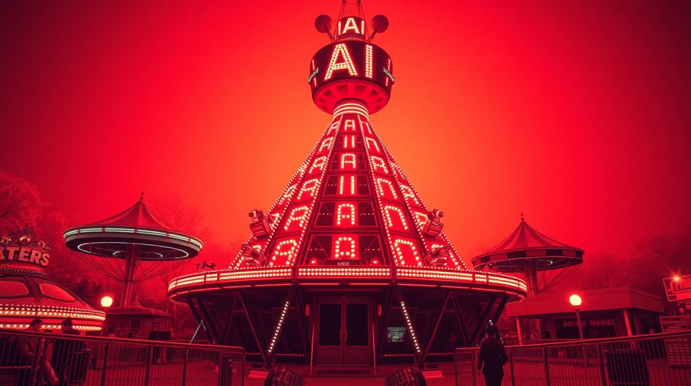 A carnival-style tower glowing in red neon, branded with repeating "AI" signs, resembling an amusement ride or shrine where artificial intelligence is marketed as spectacle, attraction and mass entertainment.