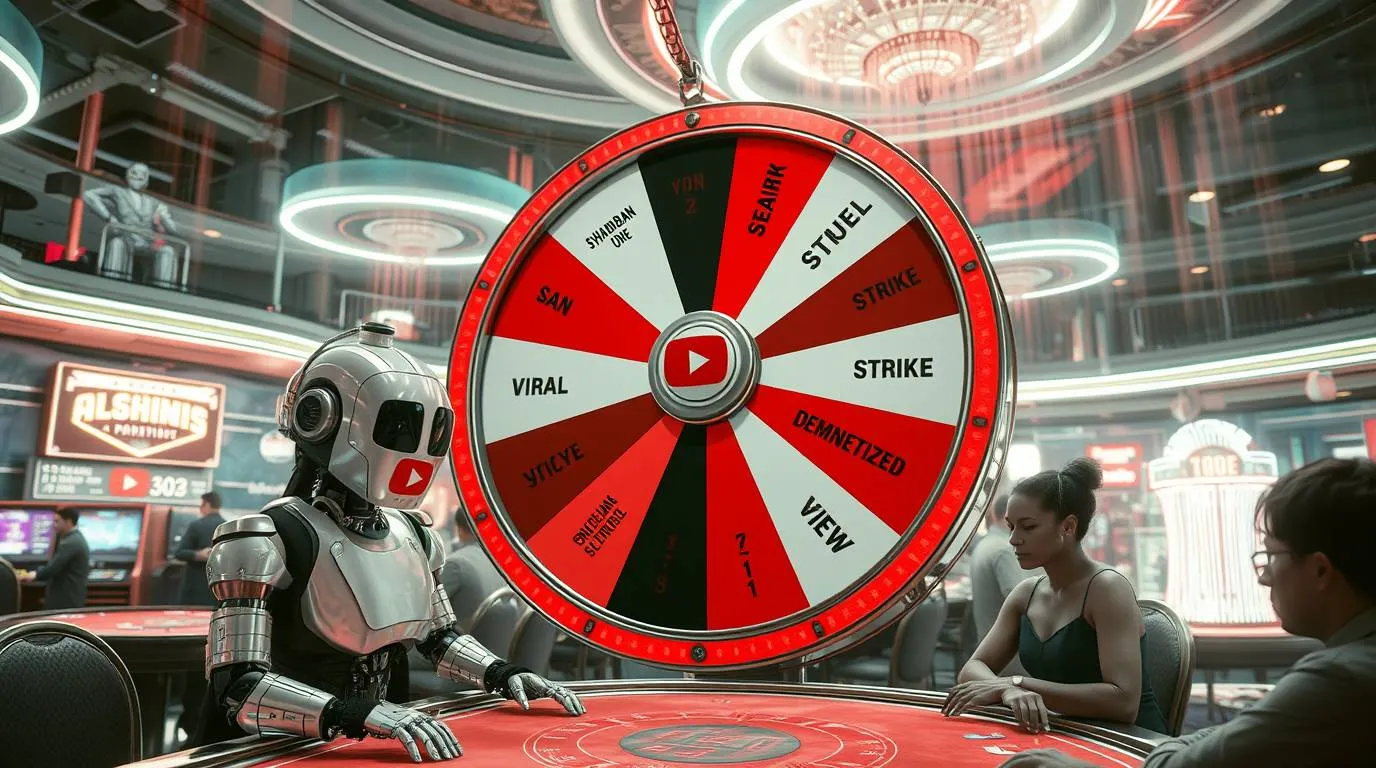 Illustration of a robot seated at a casino-style table next to a large spinning wheel labeled with outcomes such as "viral", "strike", "demonetized" and "views", while human players watch, symbolizing algorithmic chance and platform-driven content outcomes.