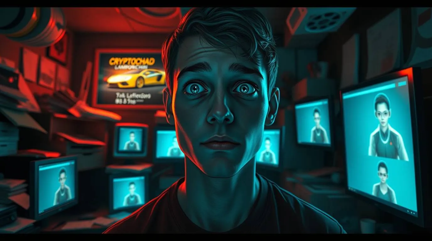 A young man staring forward in a dark room filled with multiple video screens showing repeated avatars, representing automated content systems and algorithmic saturation.Skeleton sitting in a barren desert surrounded by decaying YouTube play buttons, using a laptop under a glowing "PASSIVE INCOME" neon sign in the night sky. Surreal, satirical artwork depicting the false promise of effortless AI-generated income.