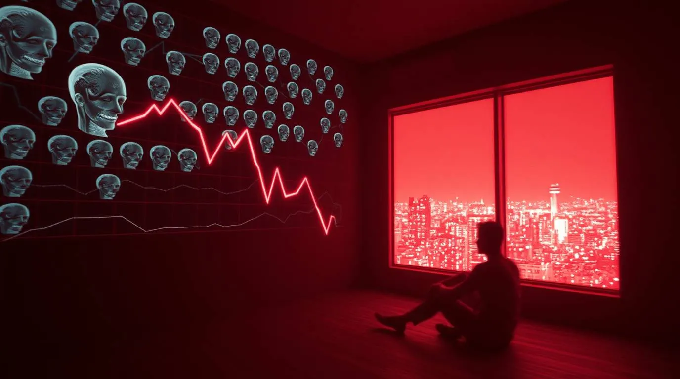 Silhouetted figure sitting on a dark floor, facing a wall of glowing skull diagrams and a sharp red downward graph, with a blood-red city skyline visible through a large window, evoking collapse, audience loss and existential aftermath.