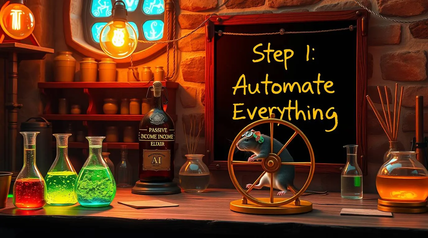 Illustration of a staged workshop scene showing colorful laboratory flasks, a bottle labeled passive income elixir and a mouse running inside a wheel beneath a chalkboard reading "Step 1: Automate Everything", symbolizing automation-driven hustle systems.