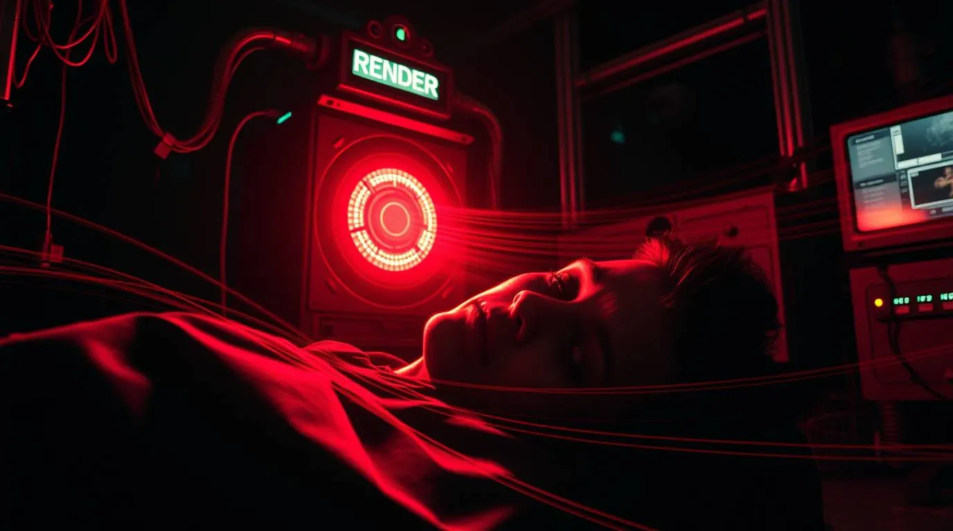 Illustration of a person lying motionless while connected by cables to a machine labeled "RENDER", emitting a red circular light, suggesting automated content generation and human passivity in a technical environment.