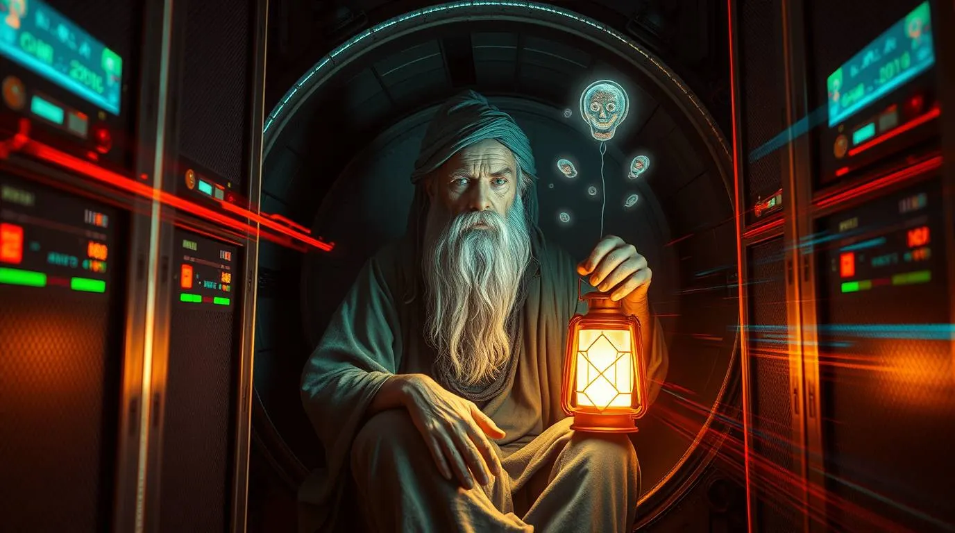 An elderly, sage-like man with a long beard sits inside a futuristic server chamber, holding a glowing lantern while holographic skull icons float around him, blending ancient wisdom imagery with digital machinery and moral reckoning.