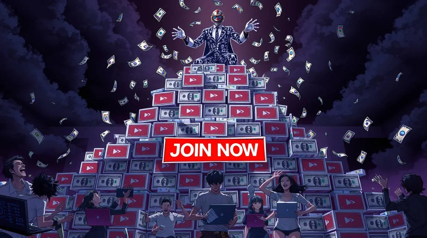 Illustration depicting a pyramid-like structure built from screens and money, with a masked figure standing at the top while people below hold laptops and phones, representing influencer-driven automation schemes and pyramid-style content economies.