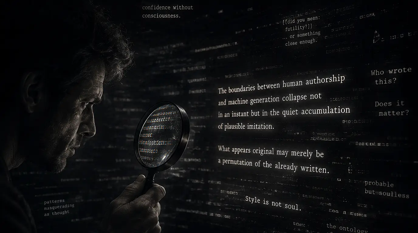 Man inspecting fragmented text through a magnifying glass in a dark provenance-anxiety scene