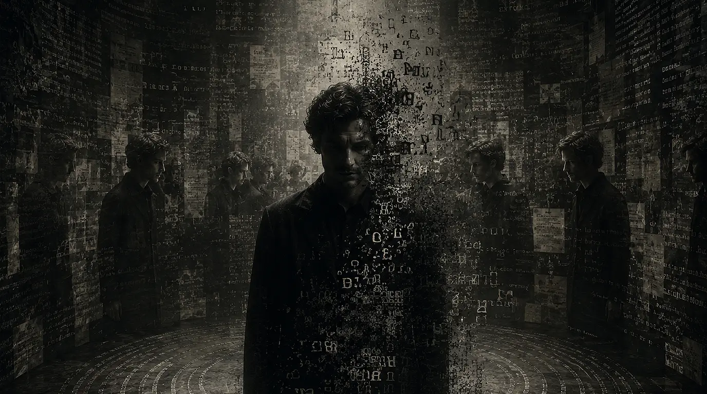 Ghostly figure dissolving into fragmented language inside a surreal contamination chamber