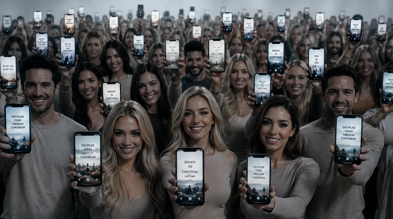 Influencers holding identical motivational posts on smartphones