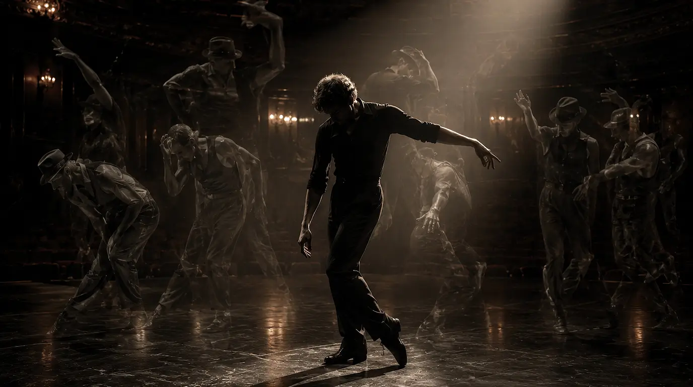 Solitary dancer surrounded by ghostly echoes of inherited movement on a dark theater stage