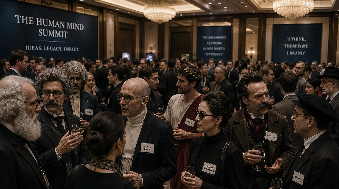 Conference attendees dressed as famous philosophers networking at a luxury intellectual branding summit