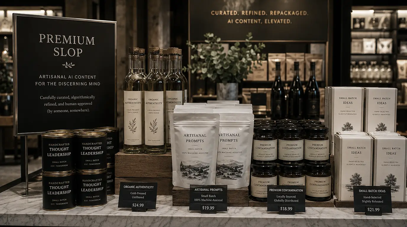 Luxury grocery display selling artisanal AI content and premium contamination products