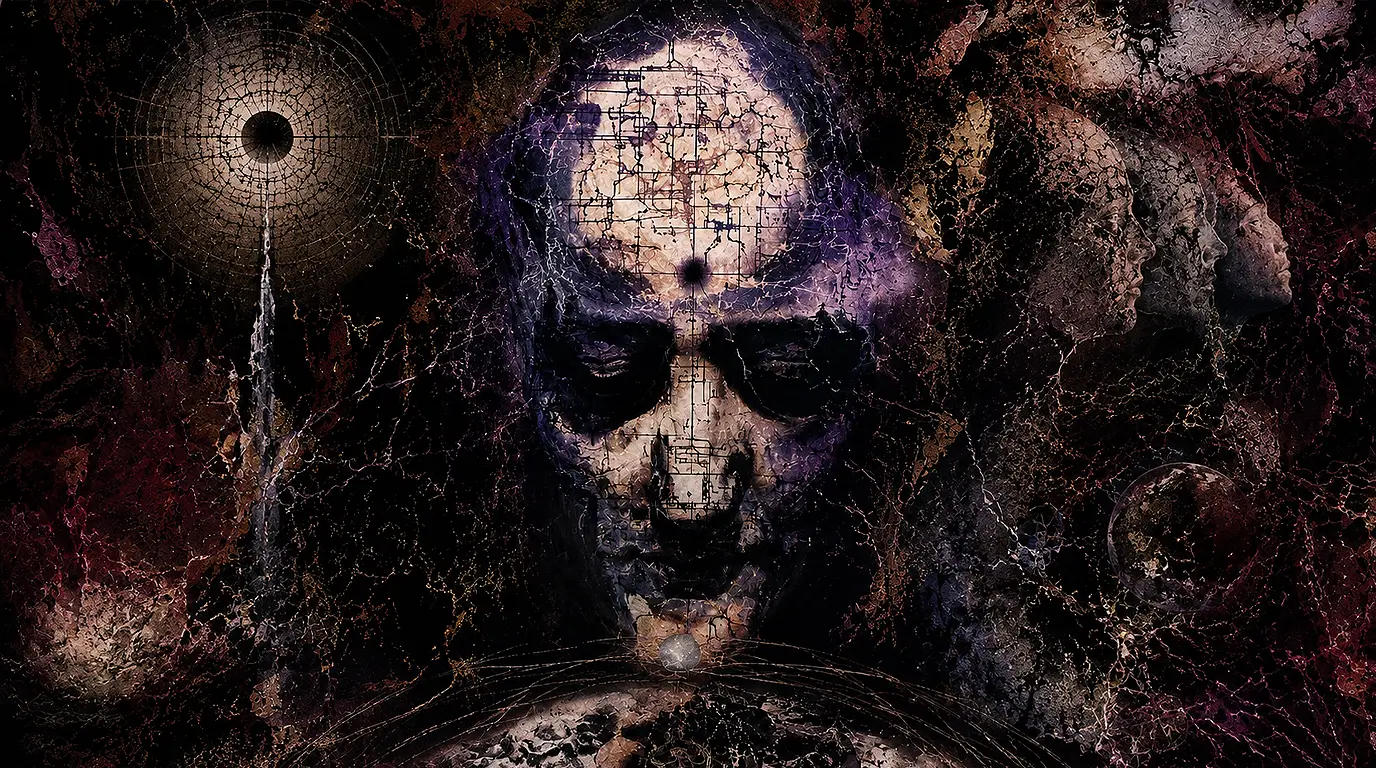 Surreal fractured skull emerging from cosmic decay and synthetic thought patterns
