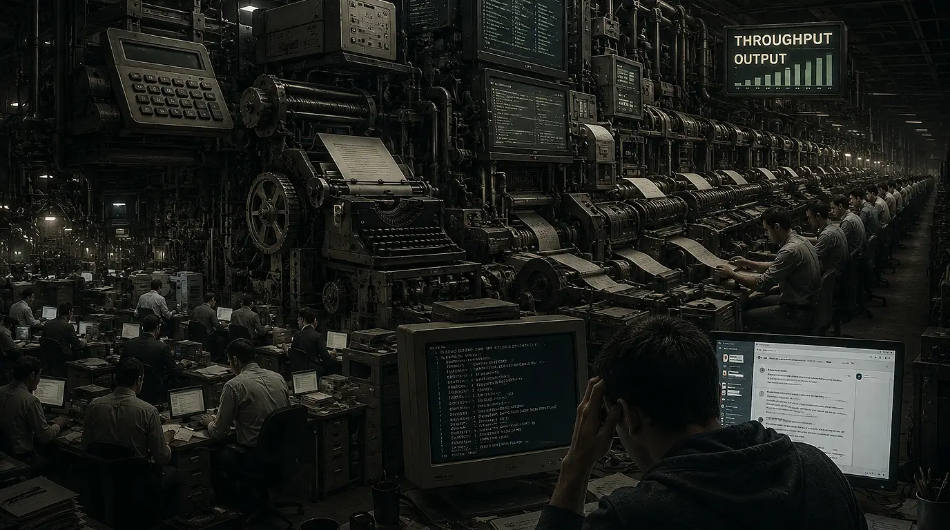 Exhausted workers feeding code and documents into a gigantic industrial productivity machine