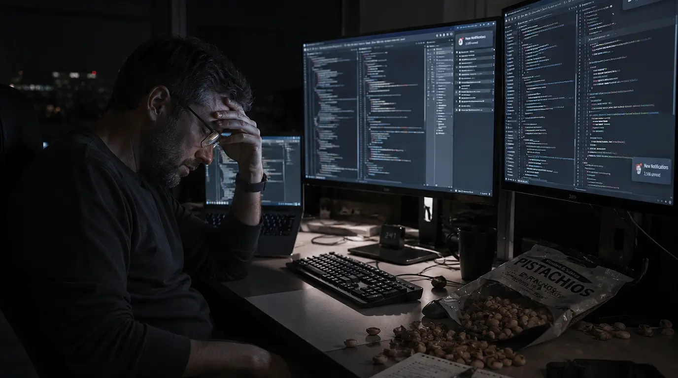 Exhausted software engineer reviewing endless code late at night beside spilled pistachios