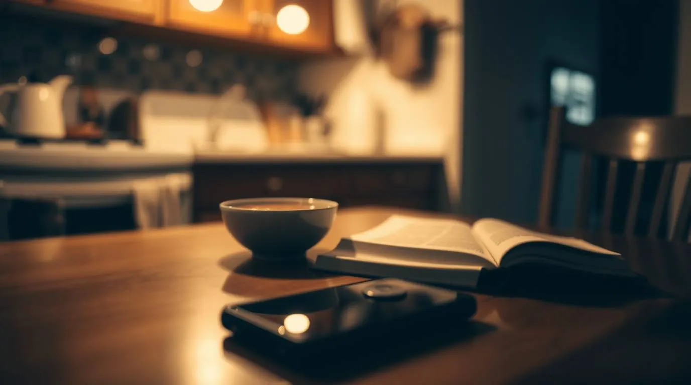 A bowl of soup and an open book on a wooden table with a smartphone resting face down nearby in a softly lit kitchen.