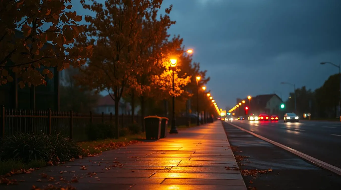 A sidewalk lined with streetlights and trees alongside a road with cars passing during the evening.