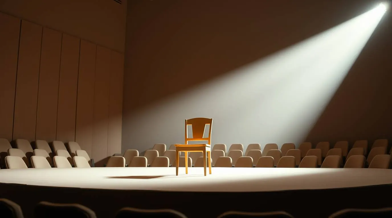 A single wooden chair on an empty stage illuminated by a spotlight, with rows of seats visible in the background.
