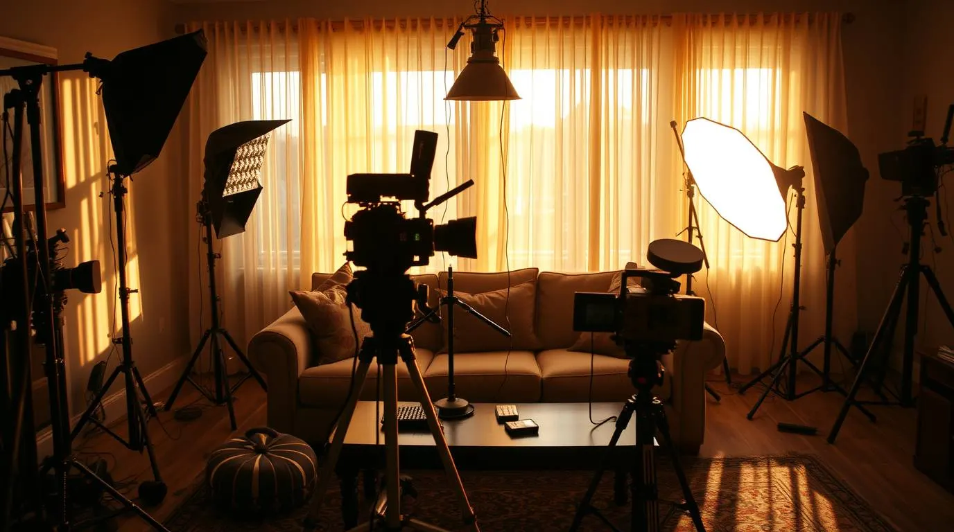 A living room with a couch surrounded by cameras, tripods and studio lights set up for filming.