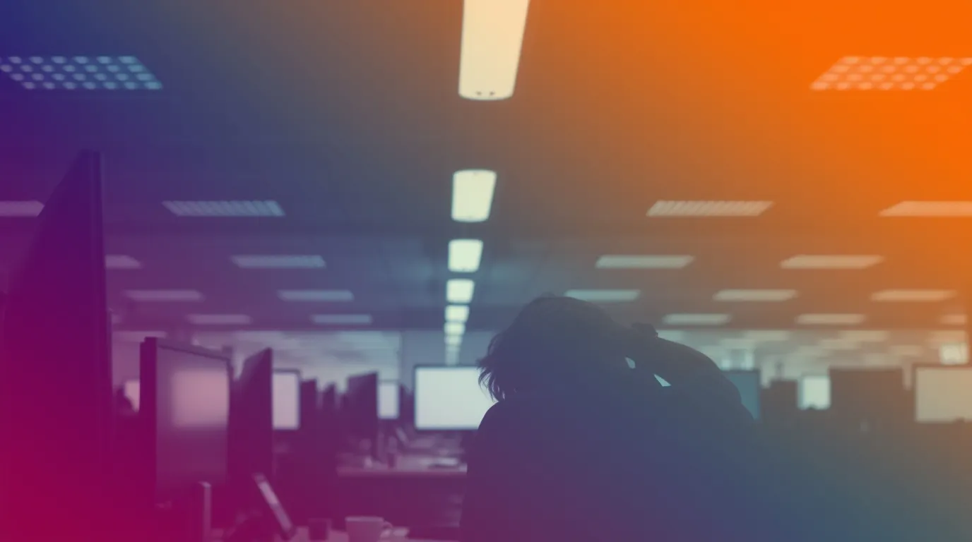 A person leaning forward at a desk in an open-plan office with rows of computer monitors under fluorescent lighting.