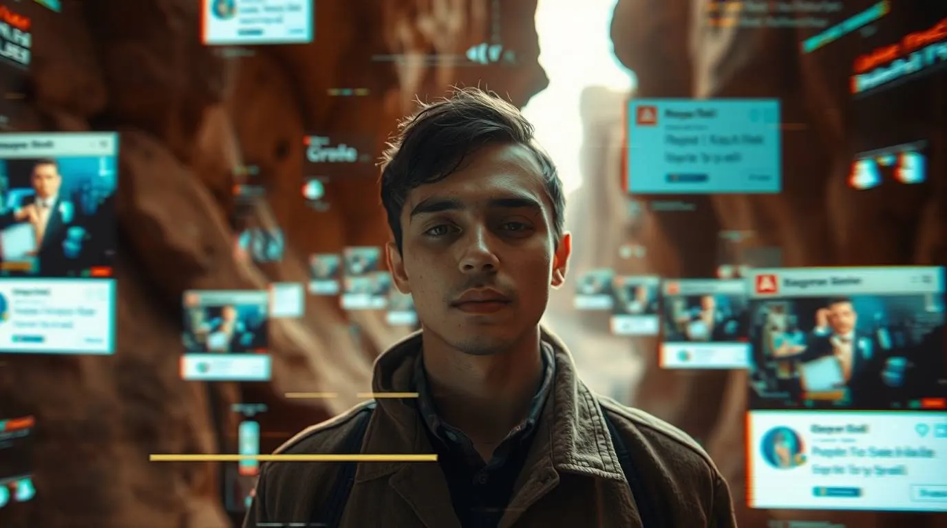 A person standing in a narrow rocky passage with multiple digital screens and interface windows floating around them.