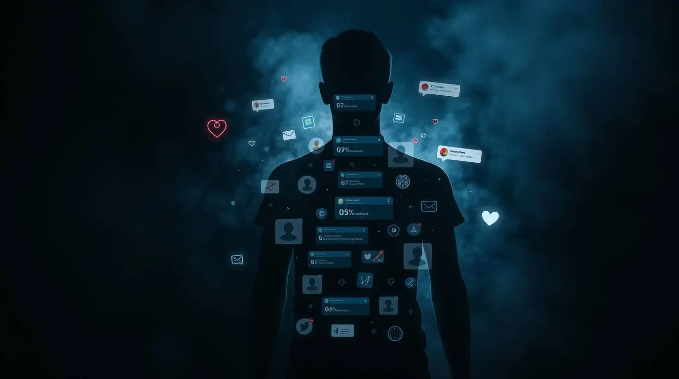 A silhouetted person standing against a dark background with floating social media notification icons and message symbols around them.