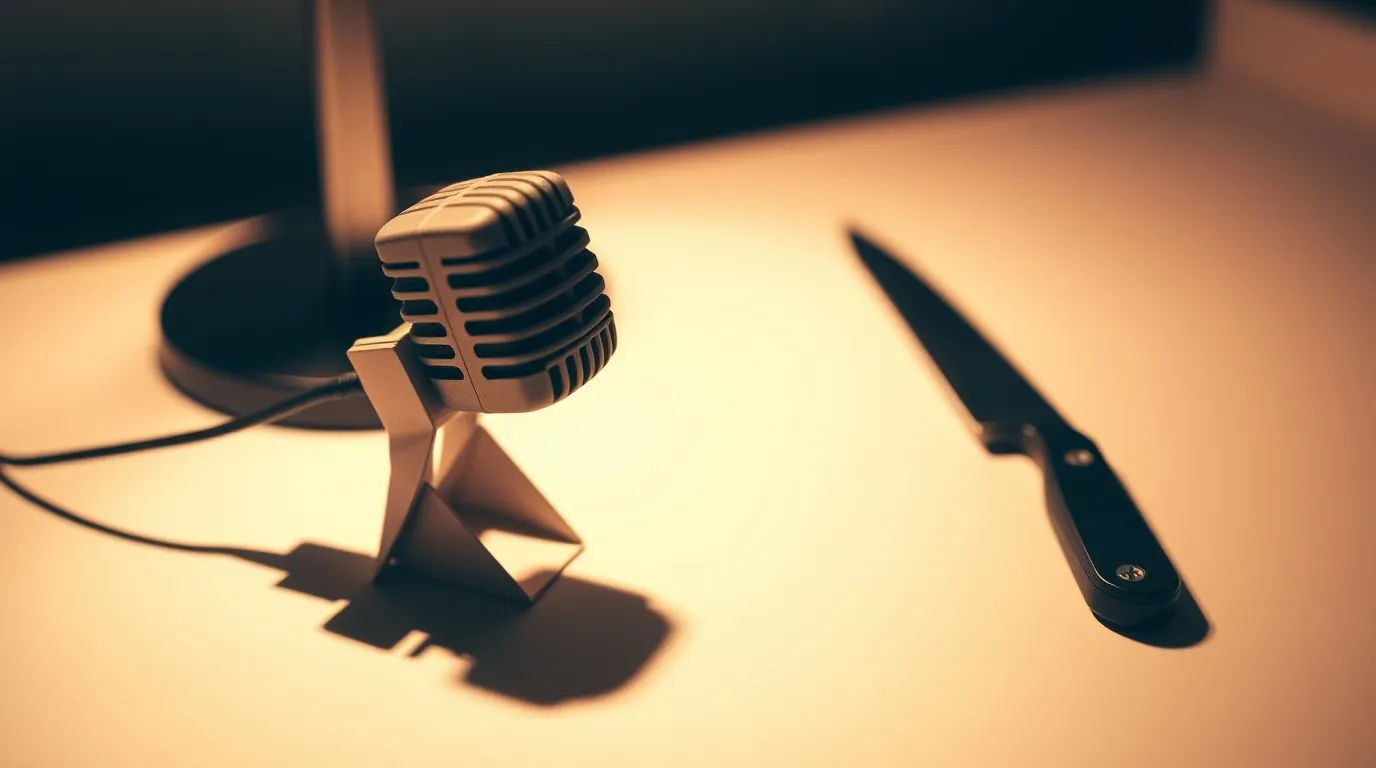 A podcast microphone on a clean desk with a folding knife placed nearby under warm light.