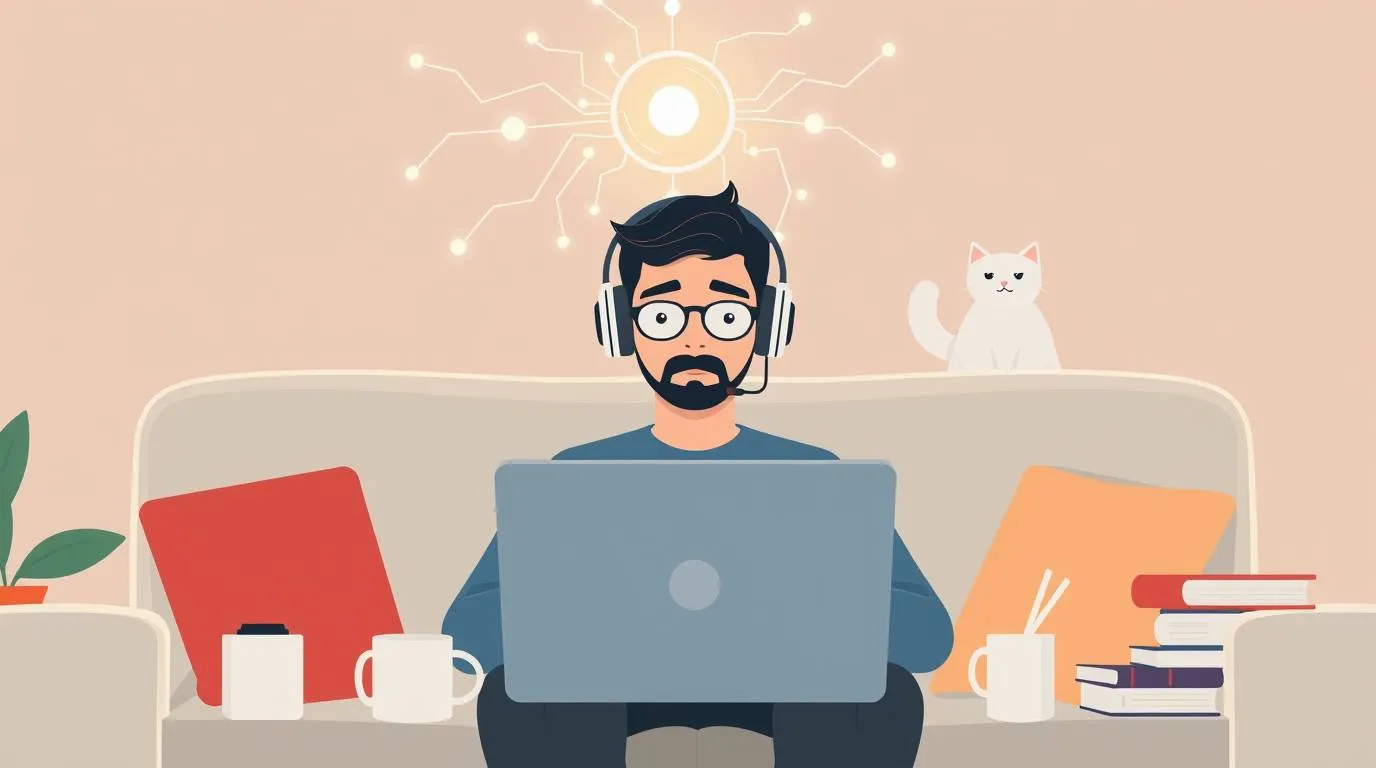 An anxious writer wearing headphones stares at a laptop while a glowing abstract AI network hovers above his head, symbolizing uncertainty about authorship and machine-written text.