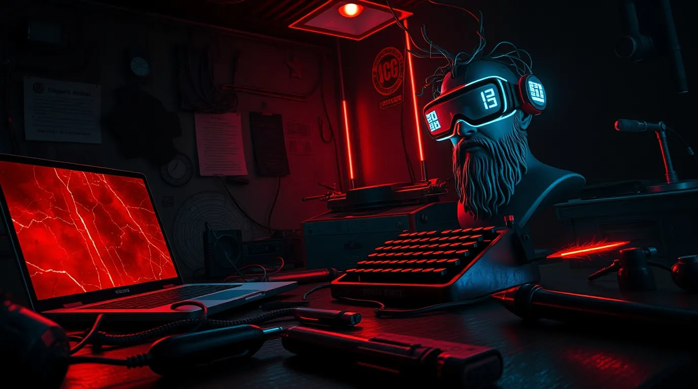 A bearded bust wearing a digital visor sits at a desk with a keyboard and a laptop displaying a red abstract pattern, lit by red and blue lighting.