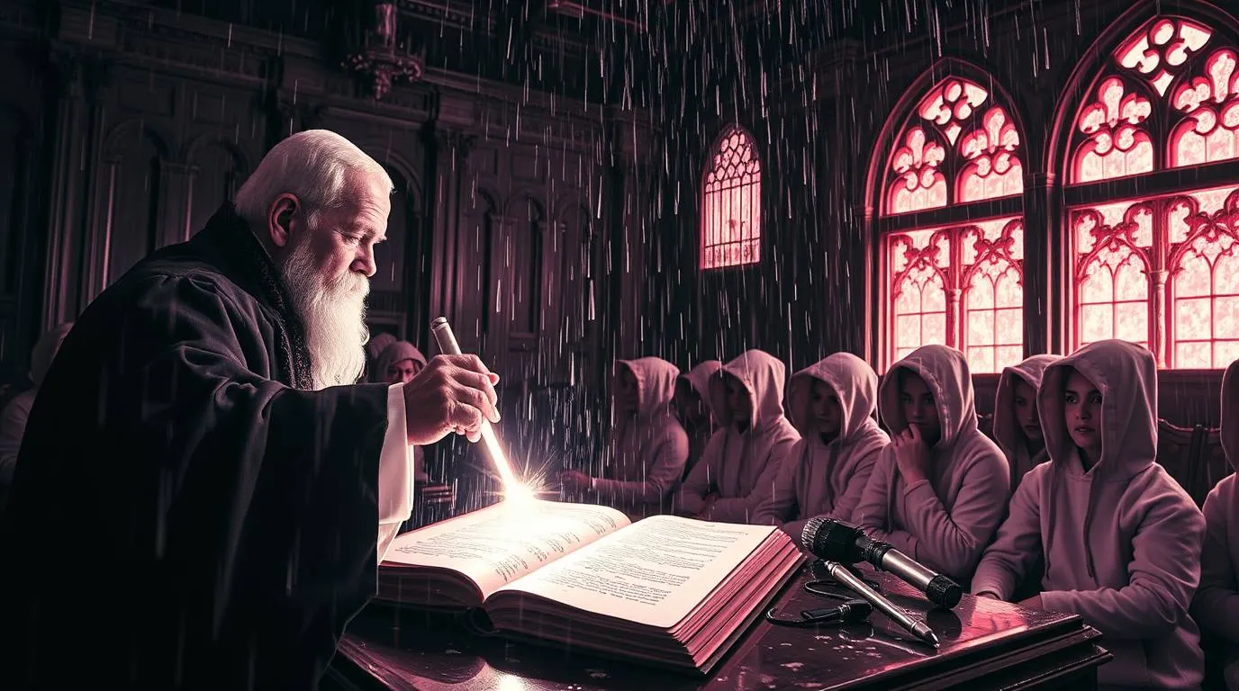 A robed elderly man reads from an open book at a table while a group of hooded listeners sit nearby inside a large hall.