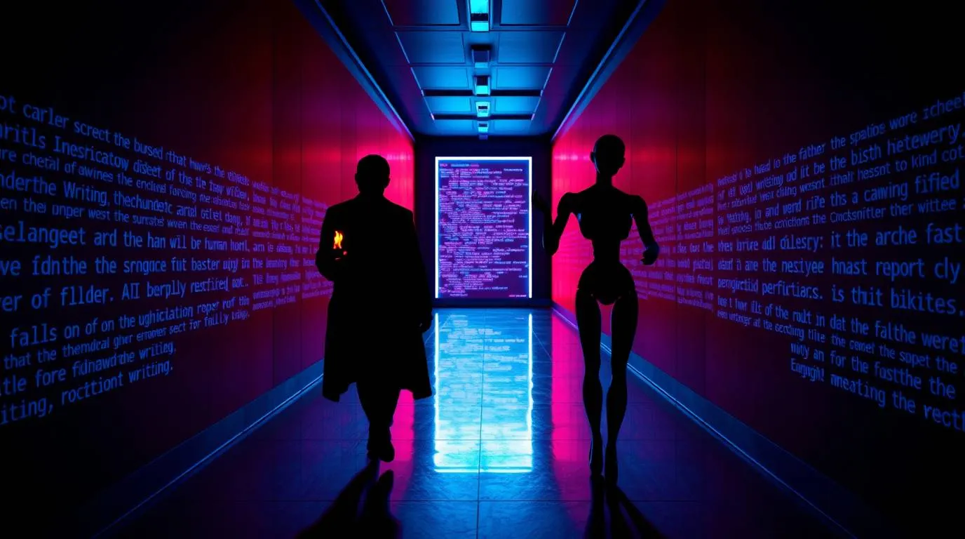 Two silhouetted figures walk down a narrow corridor illuminated with blue and pink lighting, with projected text on the walls and a bright screen at the far end.