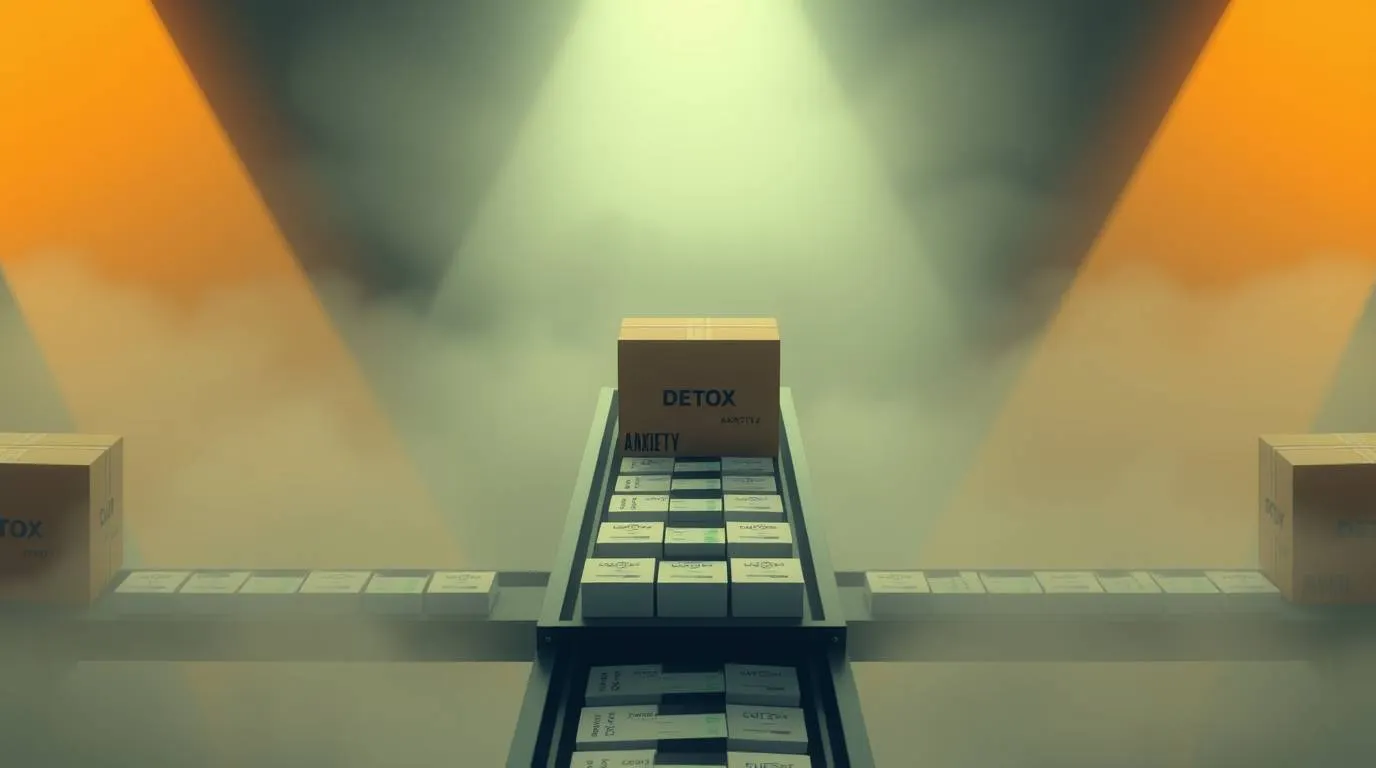 Boxes labeled "detox" move along a conveyor belt under dramatic lighting, suggesting mass-produced wellness products.