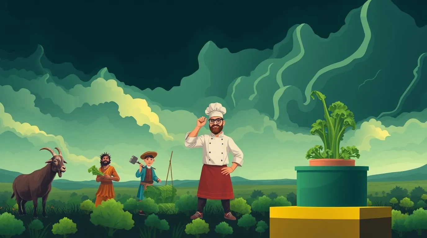 Illustrated chef standing confidently in a field while kale worshippers and symbolic figures surround a pedestal of greens under a dramatic sky.