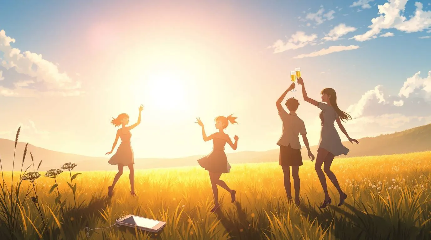 Group of people standing in a grassy field at sunset, raising glasses and celebrating in warm light.