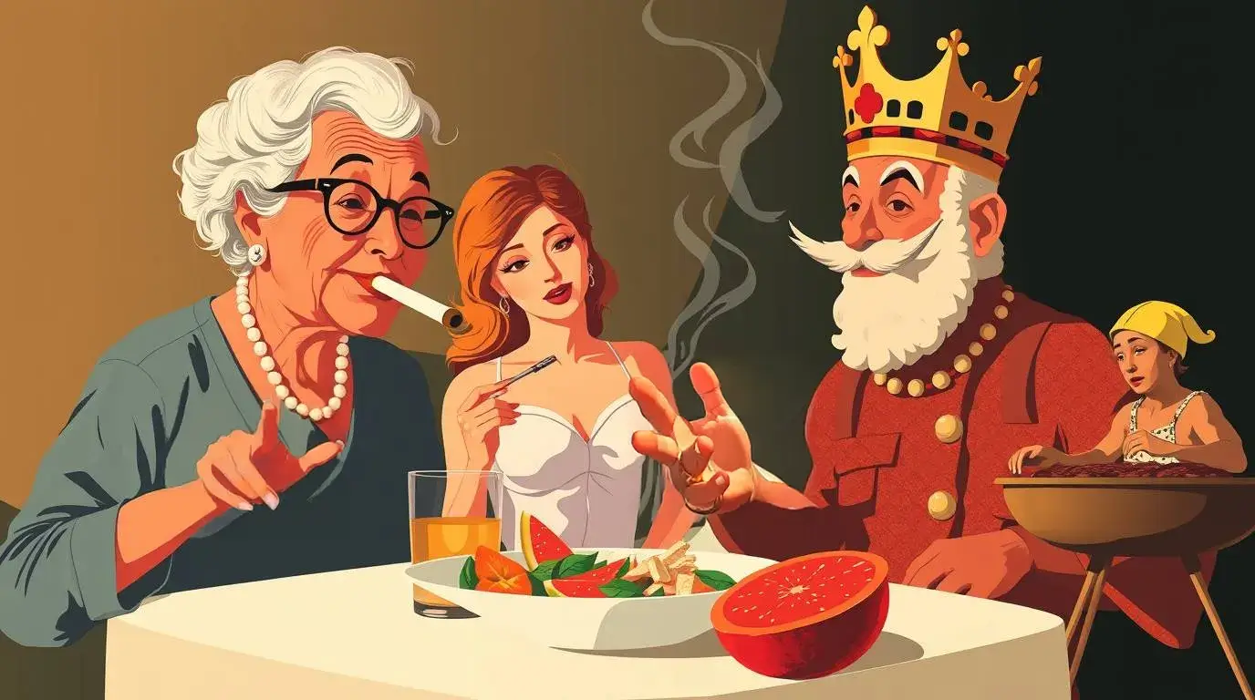 Illustrated scene of several stylized figures seated at a table with food, drinks and fruit in a warm, painterly setting