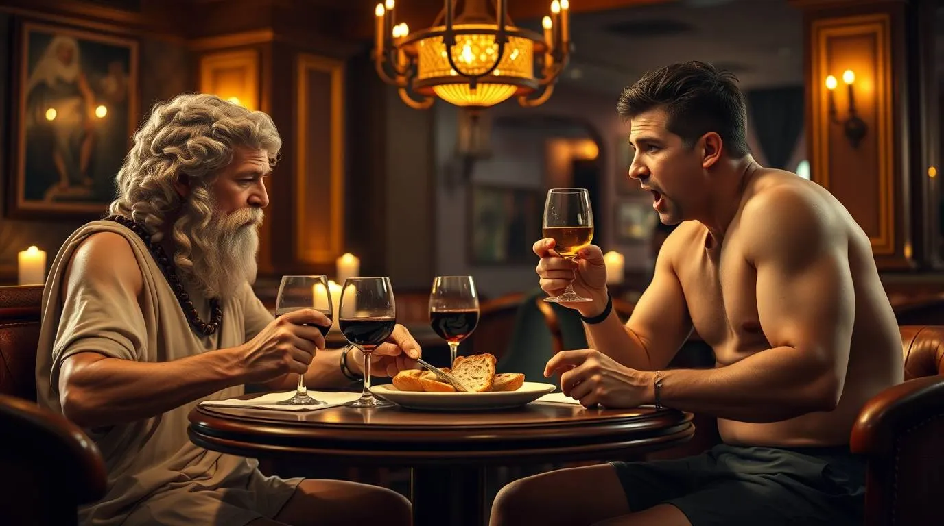 Two men seated at a small table indoors, holding glasses of wine with bread placed between them in a warmly lit setting.