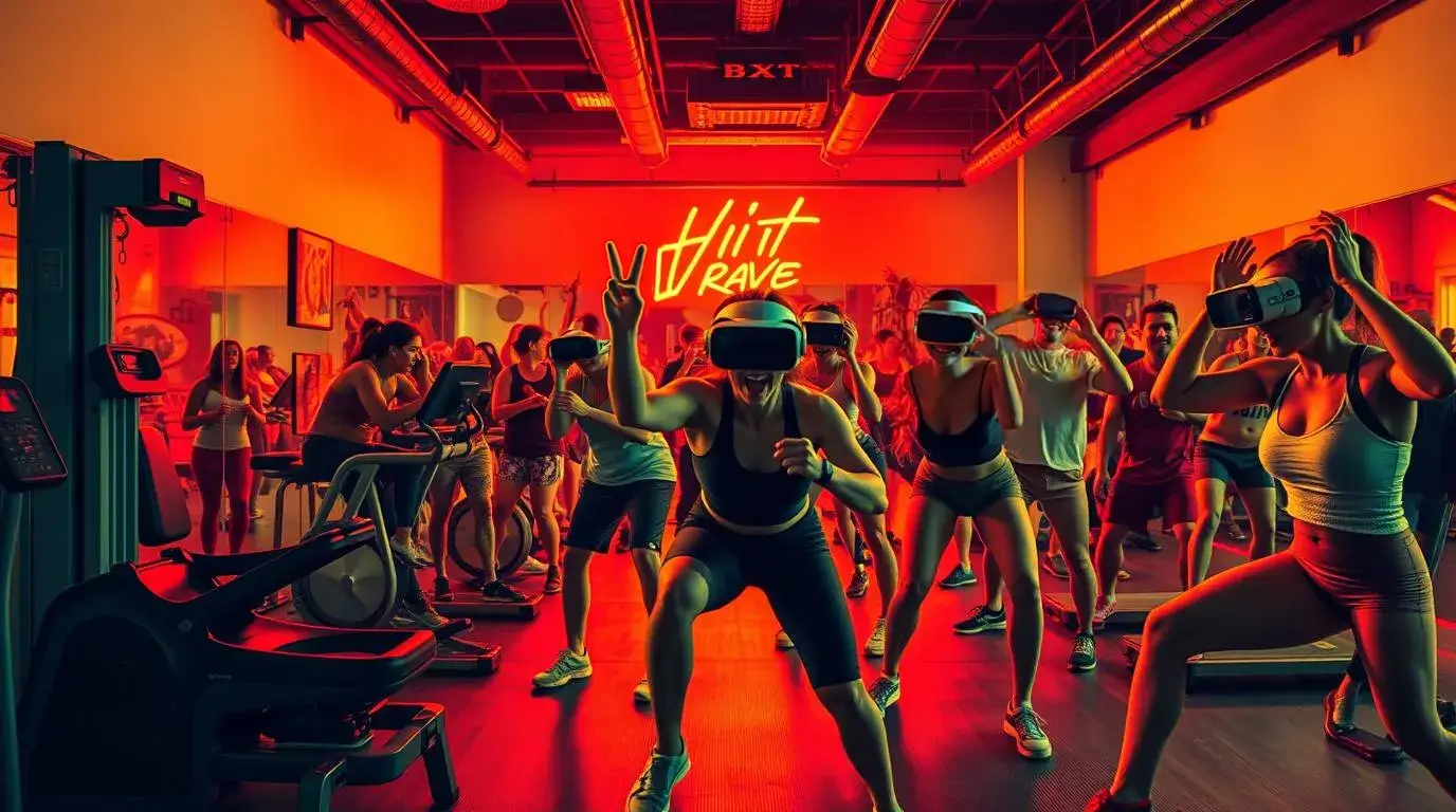 Group fitness class wearing VR headsets performs an intense workout in a neon-lit gym studio.