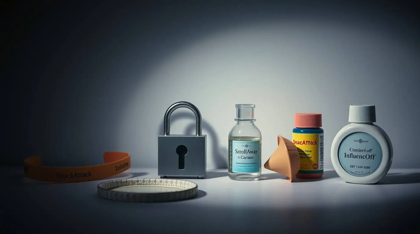 A row of minimalist objects on a gray surface, including a padlock, a small glass bottle, a plastic container, and other symbolic items arranged like products under a spotlight.